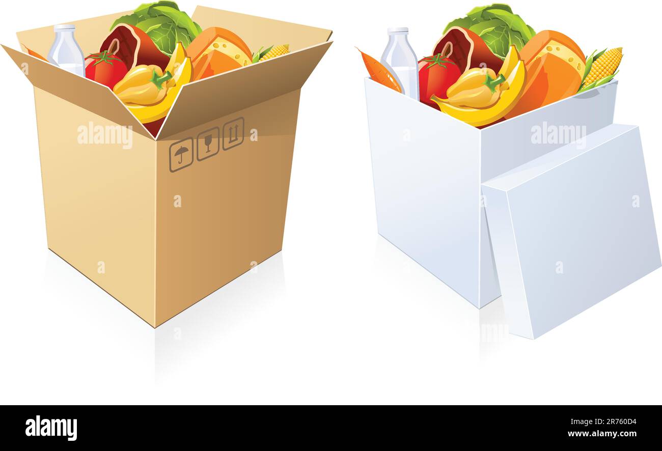 Deux boîtes en carton ouvertes avec des aliments sur fond blanc Illustration de Vecteur