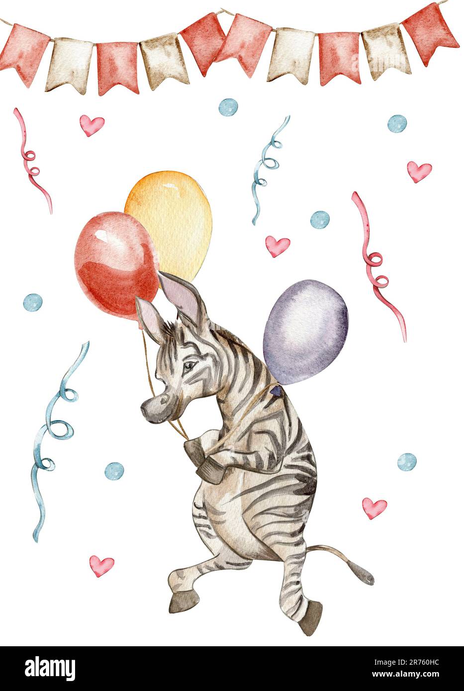 Composition Zebra . Waterrcolor animal tropical dessiné à la main . Design pour fête de douche de bébé, anniversaire, gâteau, motif de fête de Noël, carte de voeux Banque D'Images