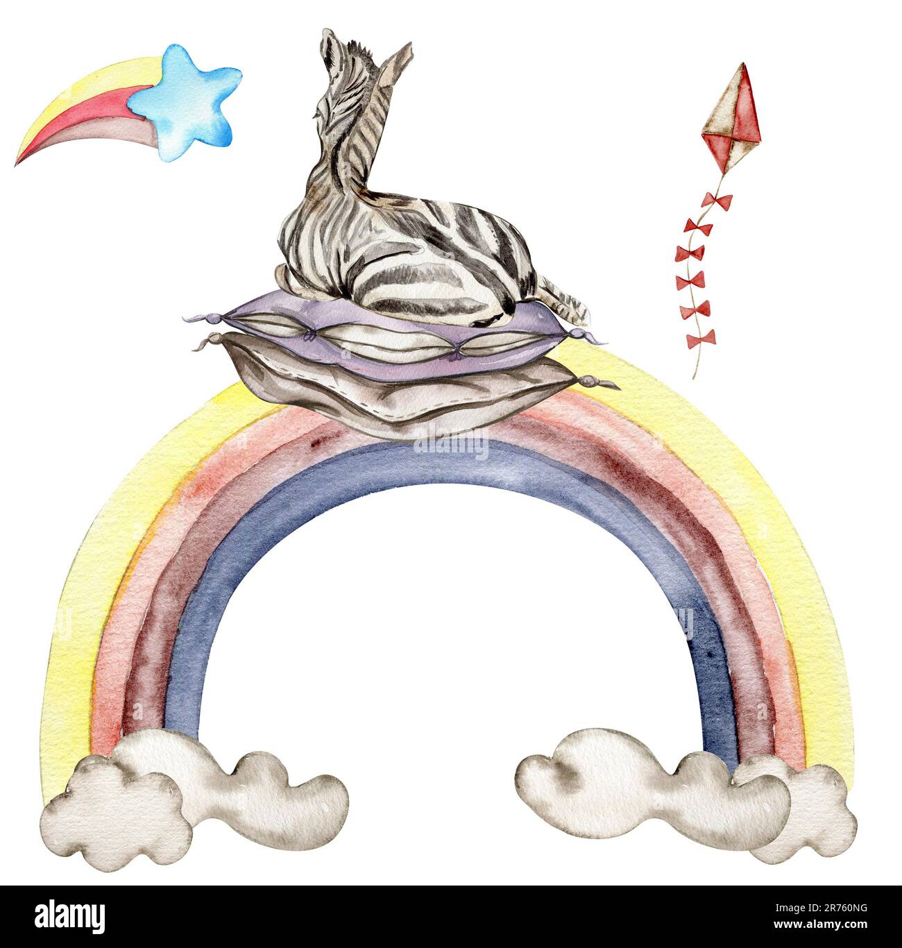 Composition Zebra . Waterrcolor animal tropical dessiné à la main . Design pour fête de douche de bébé, anniversaire, gâteau, motif de fête de Noël, carte de voeux Banque D'Images