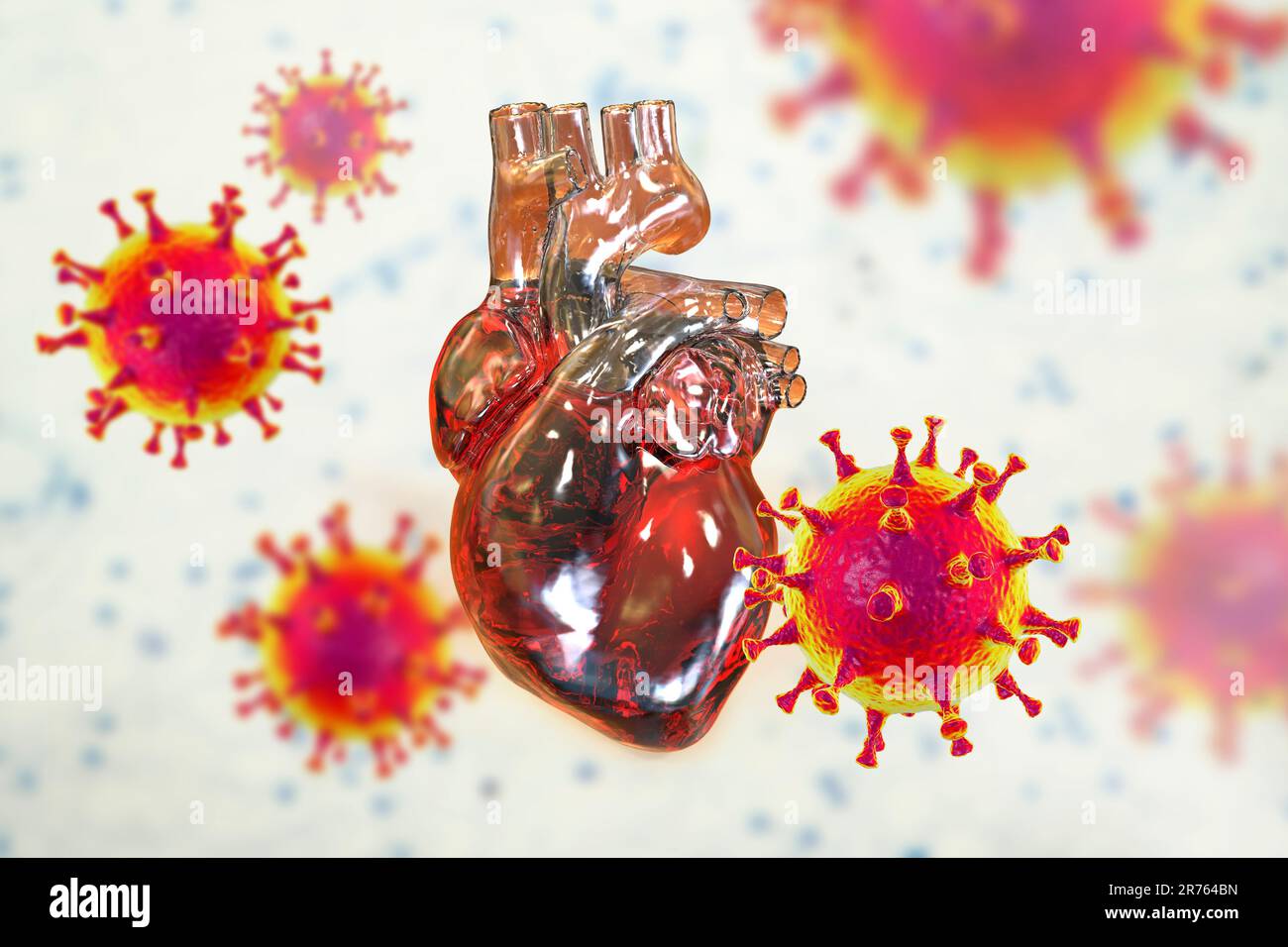 Virus COVID-19 affectant le cœur, illustration conceptuelle 3D. L'inflammation du coeur et d'autres organes peut être une complication de Covid-19, une resp Banque D'Images