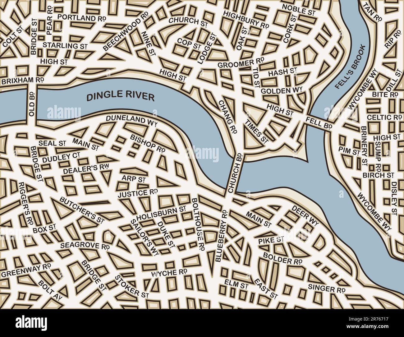 Plan des rues de vecteur modifiable une ville générique avec des noms sur une couche séparée Illustration de Vecteur