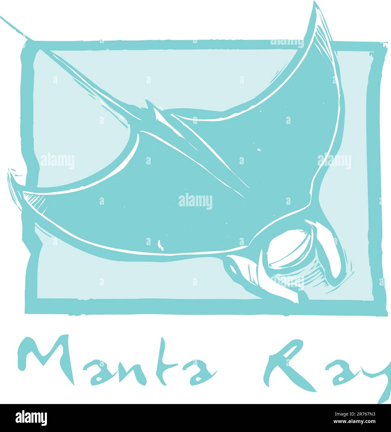 Manta Ray nage dans l'océan dans un style libre de gravure sur bois. Illustration de Vecteur