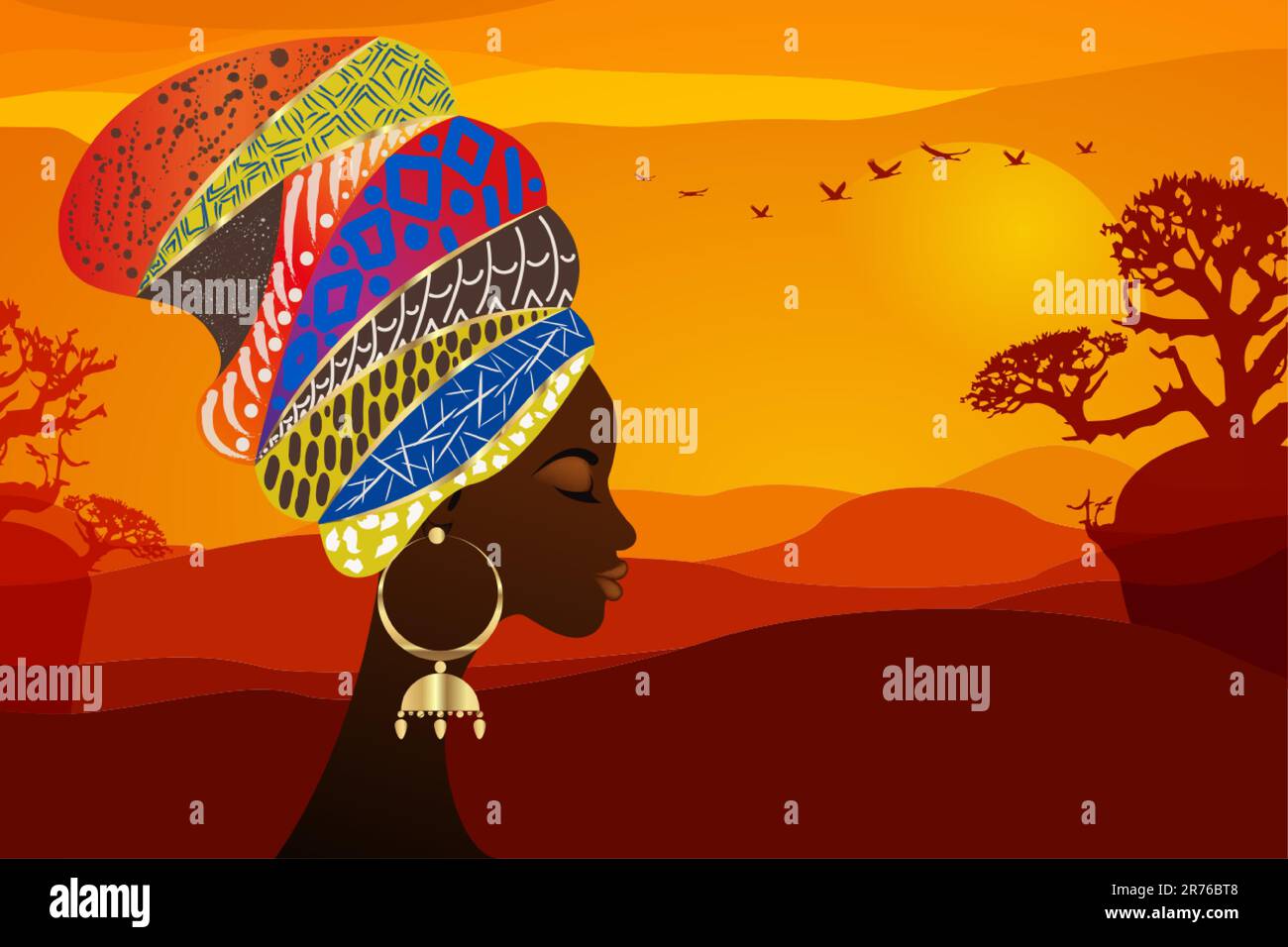 Portrait belle femme africaine dans des motifs tribaux turban traditionnels, Kente Head Wrap, africain traditionnel noir femmes vecteur silhouette isolée Illustration de Vecteur