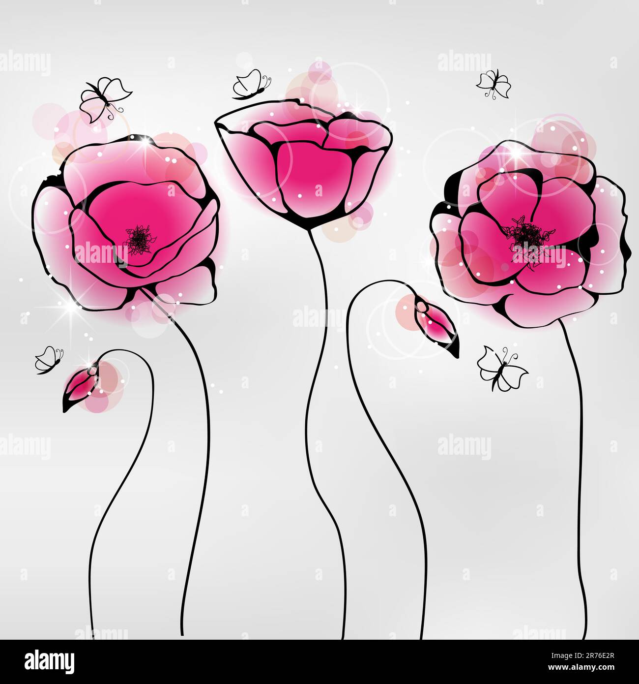 Images vectorielles de fleurs de pavot roses et de papillons Illustration de Vecteur