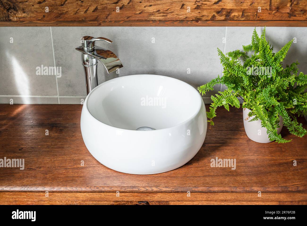 Maison plante dans un pot blanc près du lavabo dans la salle de bains avec des éléments rustiques Banque D'Images