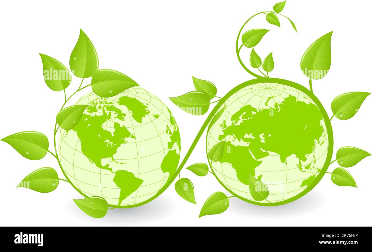 Hémisphères de la terre couverts de plantes vertes. Concept d'écologie. Illustration vectorielle, isolée sur un blanc. Illustration de Vecteur
