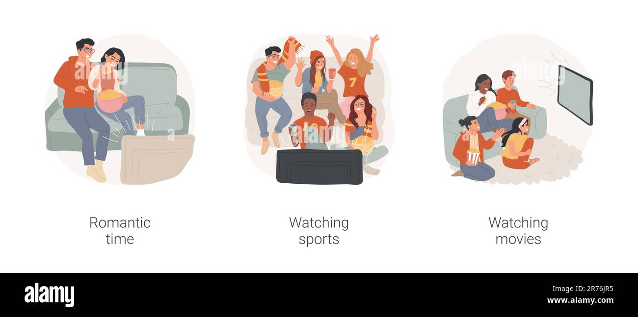 Jeu d'illustrations vectorielles de cartoon isolées pour les loisirs et la télévision. Couple adolescent devant la télévision, manger du pop-corn, moment romantique, groupe d'adolescents émotionnels regarder le sport, amis film de nuit vecteur bande dessinée. Illustration de Vecteur