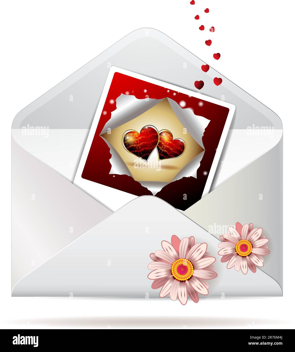 Enveloppe avec Marguerite et photo avec coeurs pour la Saint-Valentin, icône, article isolé sur fond blanc Illustration de Vecteur