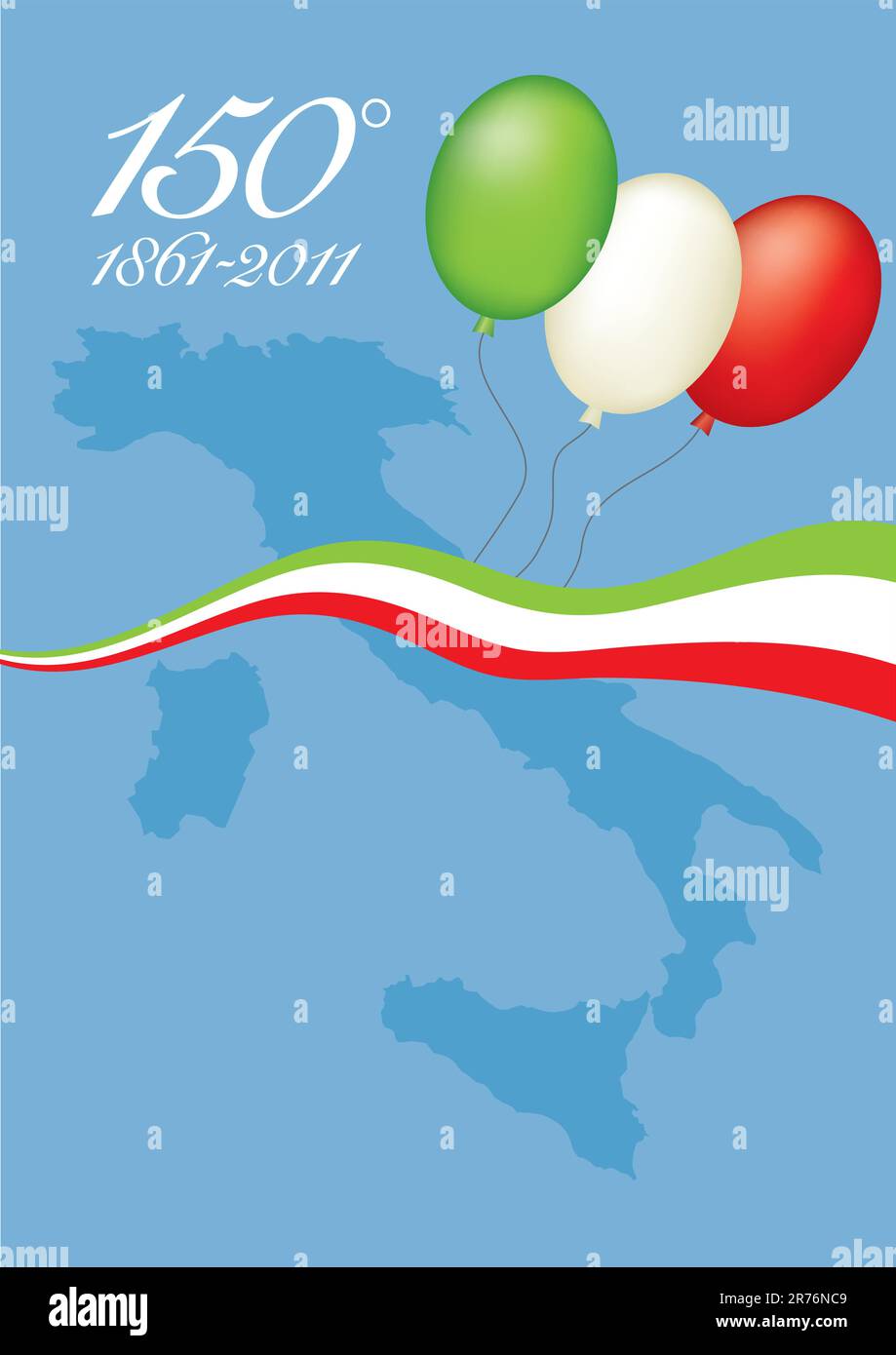 Illustration représentant le 150th anniversaire de l'unité italienne, avec une carte de l'Italie et des ballons et un ruban aux couleurs du drapeau italien Illustration de Vecteur