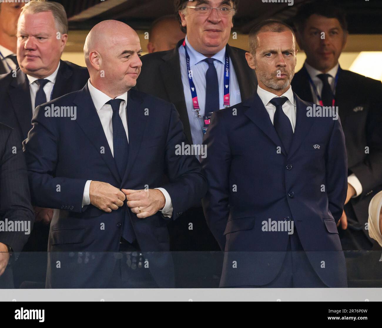 Istanbul, Turquie. 10th juin 2023. 10 juin 2023 - Manchester City v Inter Milan - Ligue des champions de l'UEFA - finale - Stade olympique Ataturk. Gianni Infantino, président de la FIFA (à gauche), et Aleksander Ceferin, président de l'UEFA, lors de la finale de la Ligue des champions à Istanbul. Crédit photo : Mark pain / Alamy Live News Banque D'Images