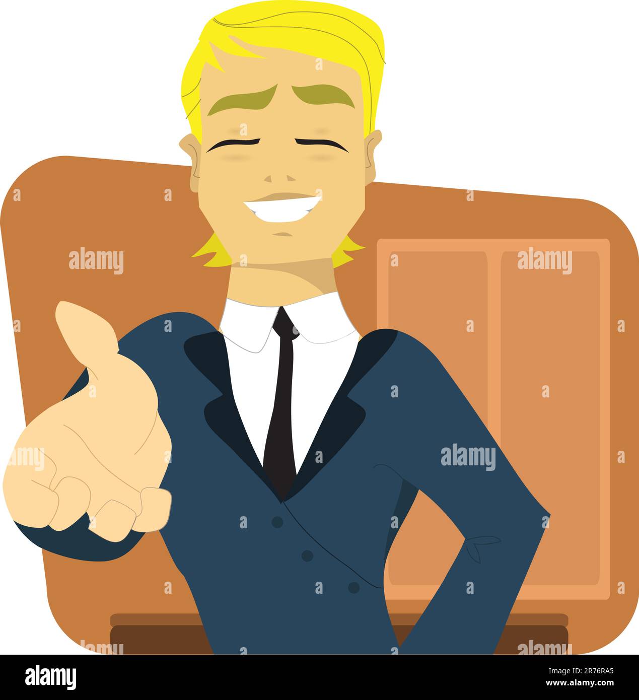 Jeune manager ou patron, homme d'affaires dans son bureau, offrant sa main ou une poignée de main, dit la recrue a obtenu son emploi ! Illustration de Vecteur