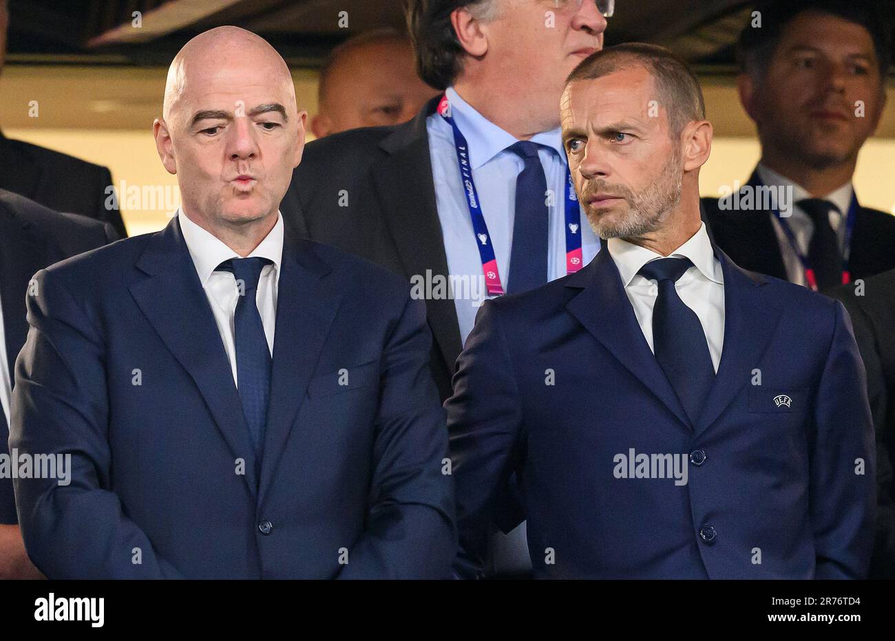 Istanbul, Turquie. 10th juin 2023. 10 juin 2023 - Manchester City v Inter Milan - Ligue des champions de l'UEFA - finale - Stade olympique Ataturk. Gianni Infantino, président de la FIFA (à gauche), et Aleksander Ceferin, président de l'UEFA, lors de la finale de la Ligue des champions à Istanbul. Crédit photo : Mark pain / Alamy Live News Banque D'Images
