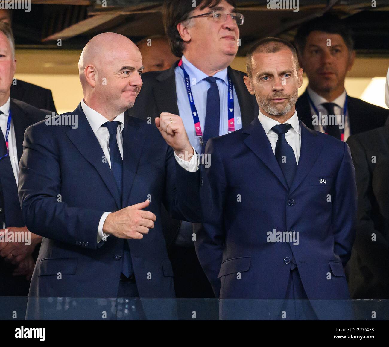 Istanbul, Turquie. 10th juin 2023. 10 juin 2023 - Manchester City v Inter Milan - Ligue des champions de l'UEFA - finale - Stade olympique Ataturk. Gianni Infantino, président de la FIFA (à gauche), et Aleksander Ceferin, président de l'UEFA, lors de la finale de la Ligue des champions à Istanbul. Crédit photo : Mark pain / Alamy Live News Banque D'Images