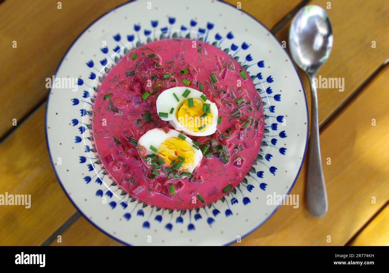 Soupe froide de betteraves avec œufs et ciboulette. Soupe fraîche lituanienne d'été. Nourriture traditionnelle de Lettonie, Pologne, Russie, Biélorussie et Ukraine avec verger, b Banque D'Images