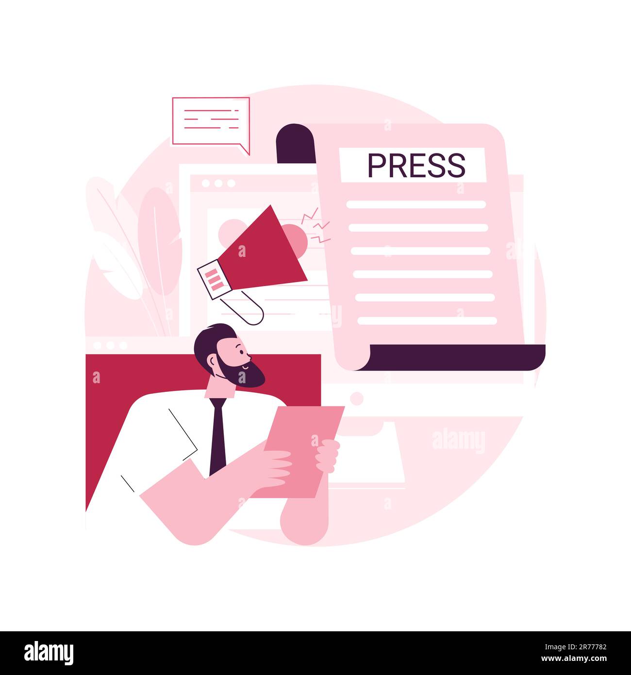 Appuyez sur l'illustration du vecteur de concept abstrait. Presse à propos de nous, articles et publications, mentions d'entreprise, élément de la barre de menu du site Web, UI, nouvelles d'entreprise, page d'arrivée, métaphore de l'interface abstraite. Illustration de Vecteur