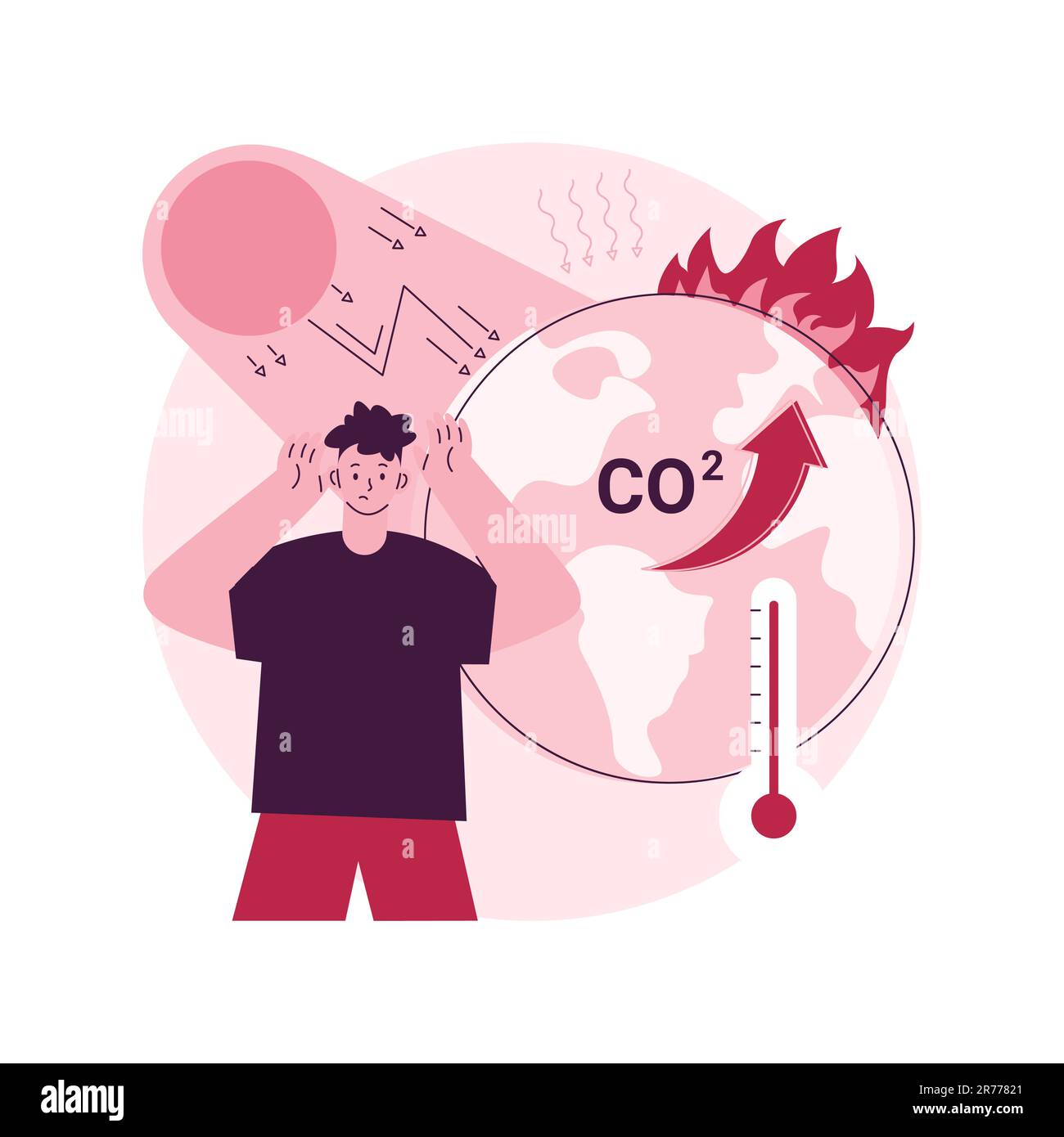Illustration vectorielle abstraite de concept d'effet de serre. Réchauffement climatique, cause du changement climatique, augmentation des émissions en CO2, effet global, gaz à effet de serre, problème de pollution de l'air, métaphore abstraite de la couche d'ozone. Illustration de Vecteur