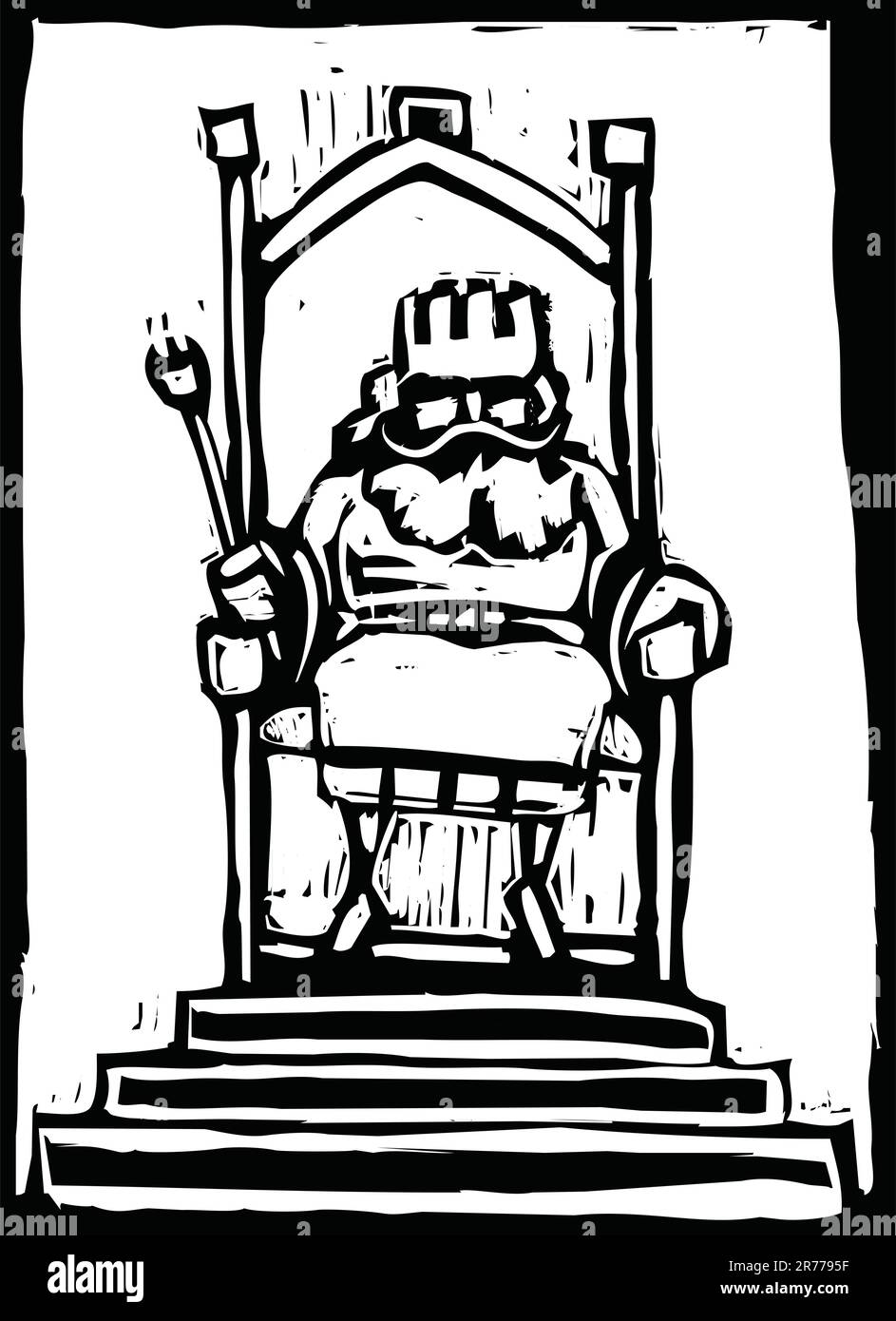 Gravure sur bois d'un petit roi sur un trône Illustration de Vecteur