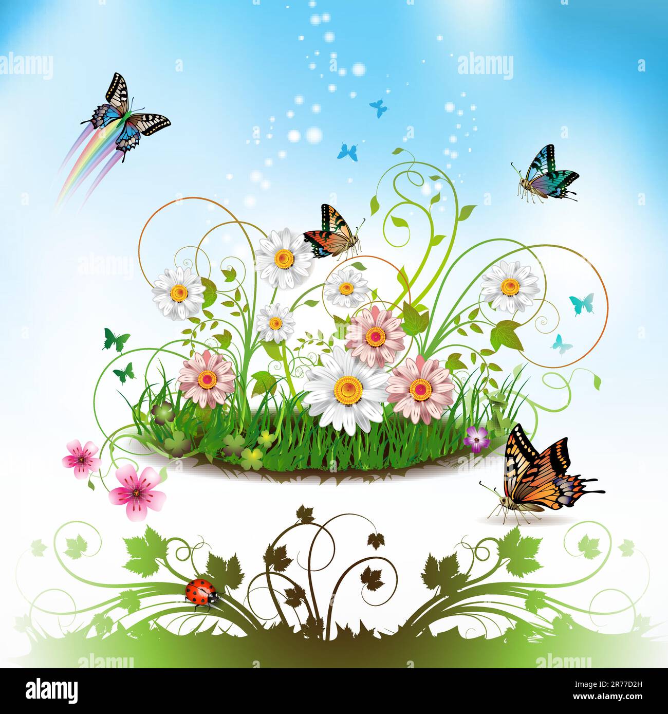 Fleurs dans l'herbe et papillons Illustration de Vecteur