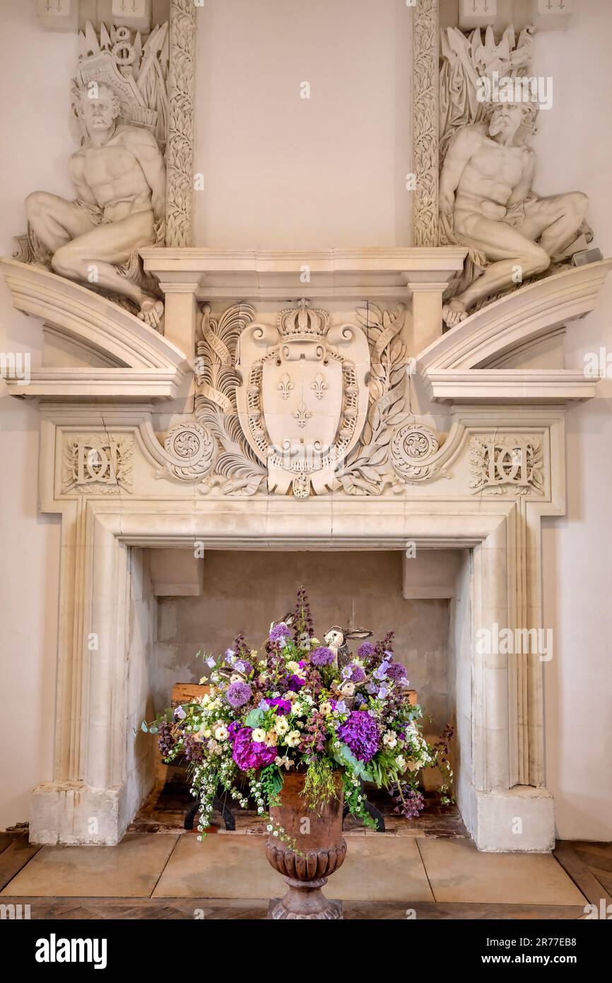 Cheminée en marbre dans le château de Chenonceau, vallée de la Loire, France Banque D'Images