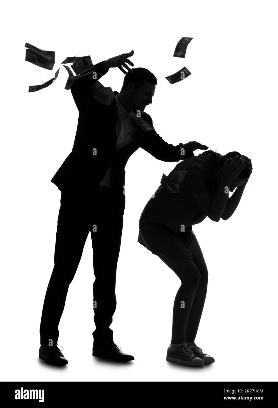 Silhouette d'homme avec de l'argent battant sa femme sur fond blanc. Concept de violence domestique Banque D'Images