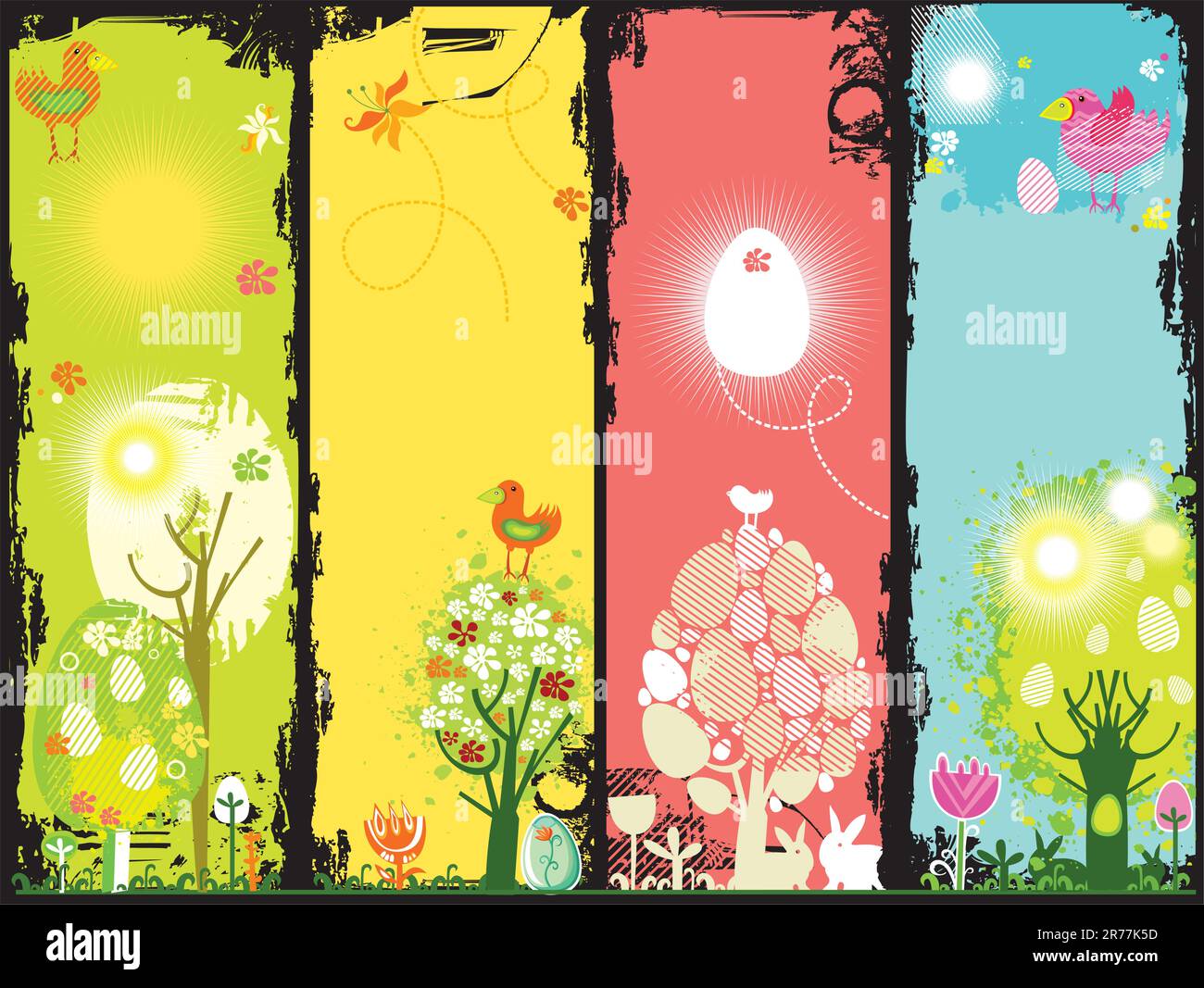 Banderoles colorées modernes Grunge Pâques avec éléments floraux comme des arbres, des plantes et des fleurs pour célébrer le printemps, les oiseaux et les lapins (lapin), l'est... Illustration de Vecteur