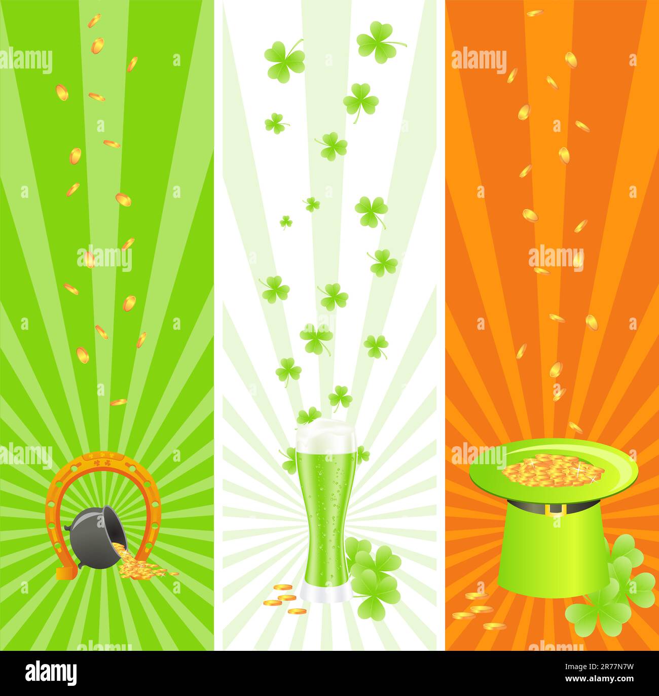 Banderoles nationales de couleur irlandaise avec jeu de hasard en fer à cheval, pot au Trésor, pièces de monnaie dorées, chapeau de lepretchun vert et trèfle à trois feuilles ou shamrock Illustration de Vecteur