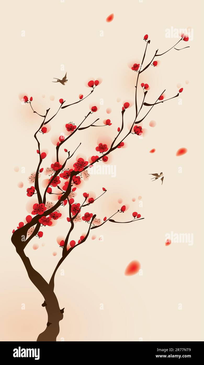 Croissance de la fleur de prune, peinture au pinceau vectorisé, symbolisent la croissance et le succès. Illustration de Vecteur