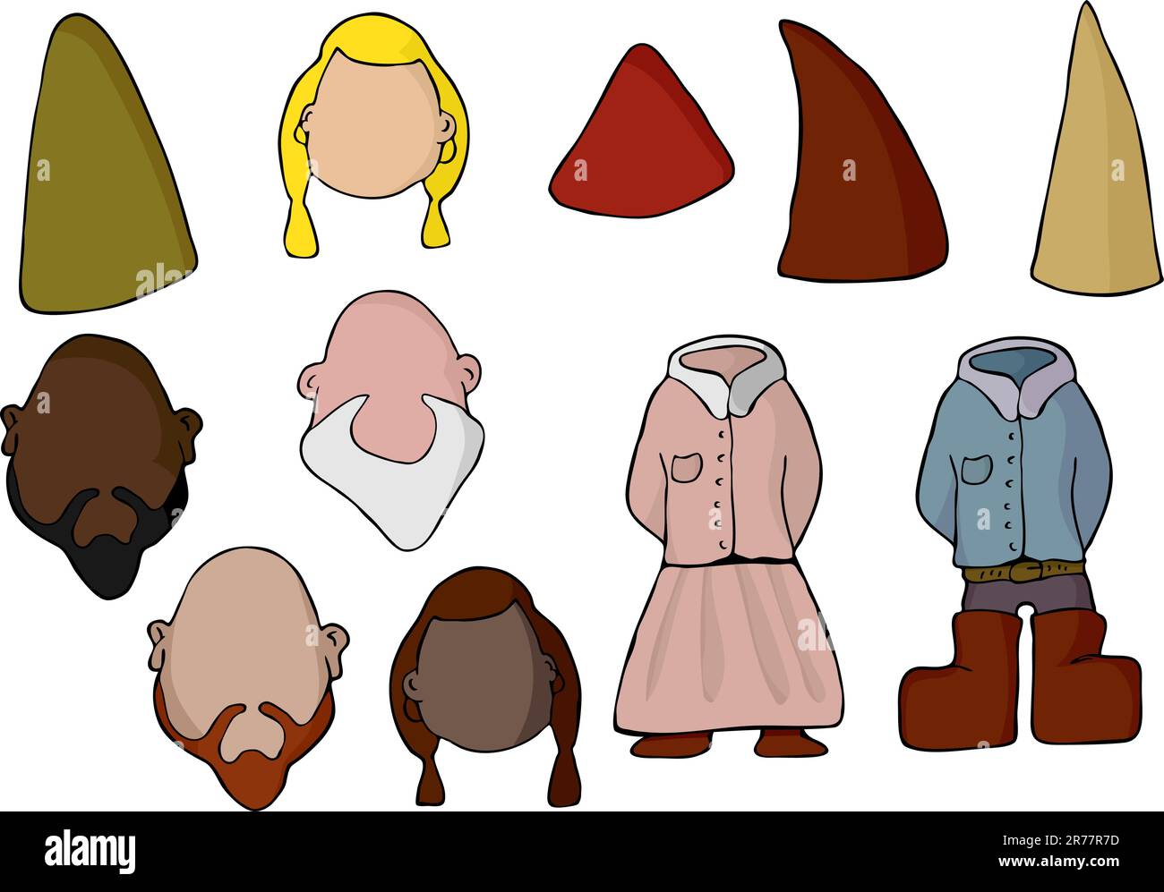 Remplissez votre propre visage avec cet ensemble de gnomes ou elfes masculins et féminins. Illustration de Vecteur