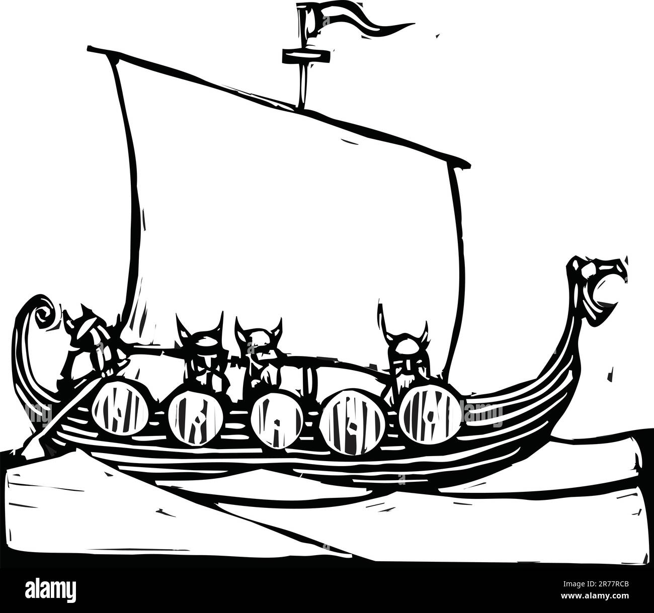 Image de coupe de bois d'un long navire viking sur l'océan. Illustration de Vecteur