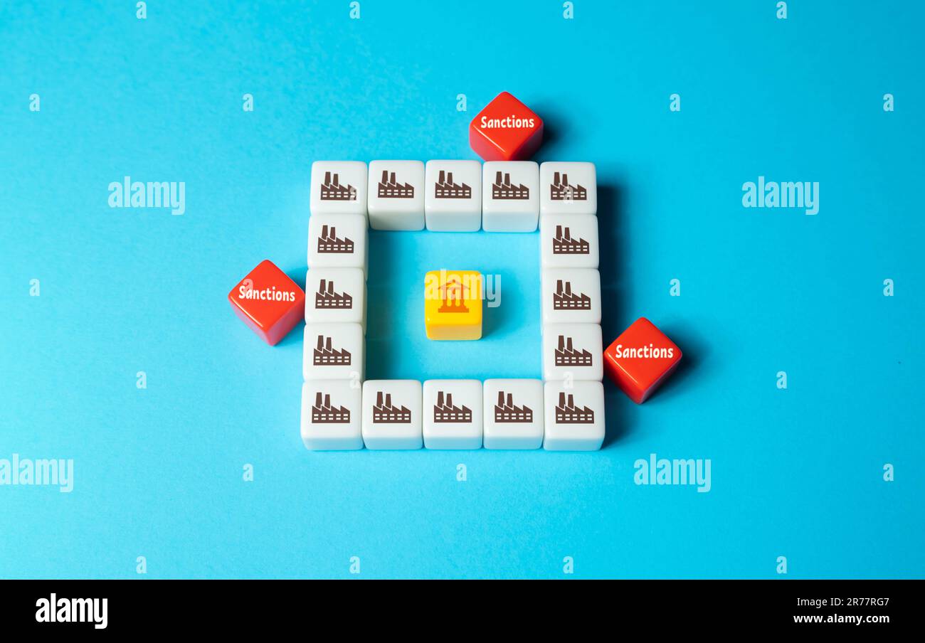 Les sanctions frappent les industries qui forment le budget, causant des dommages à l'État. Politique de confinement des États agresseurs. Détruire l'économie. Cause econom Banque D'Images