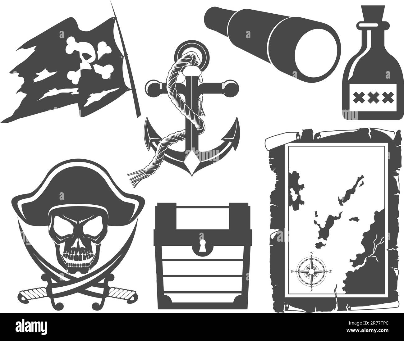 Jeu d'icônes noir et blanc pirate Illustration de Vecteur