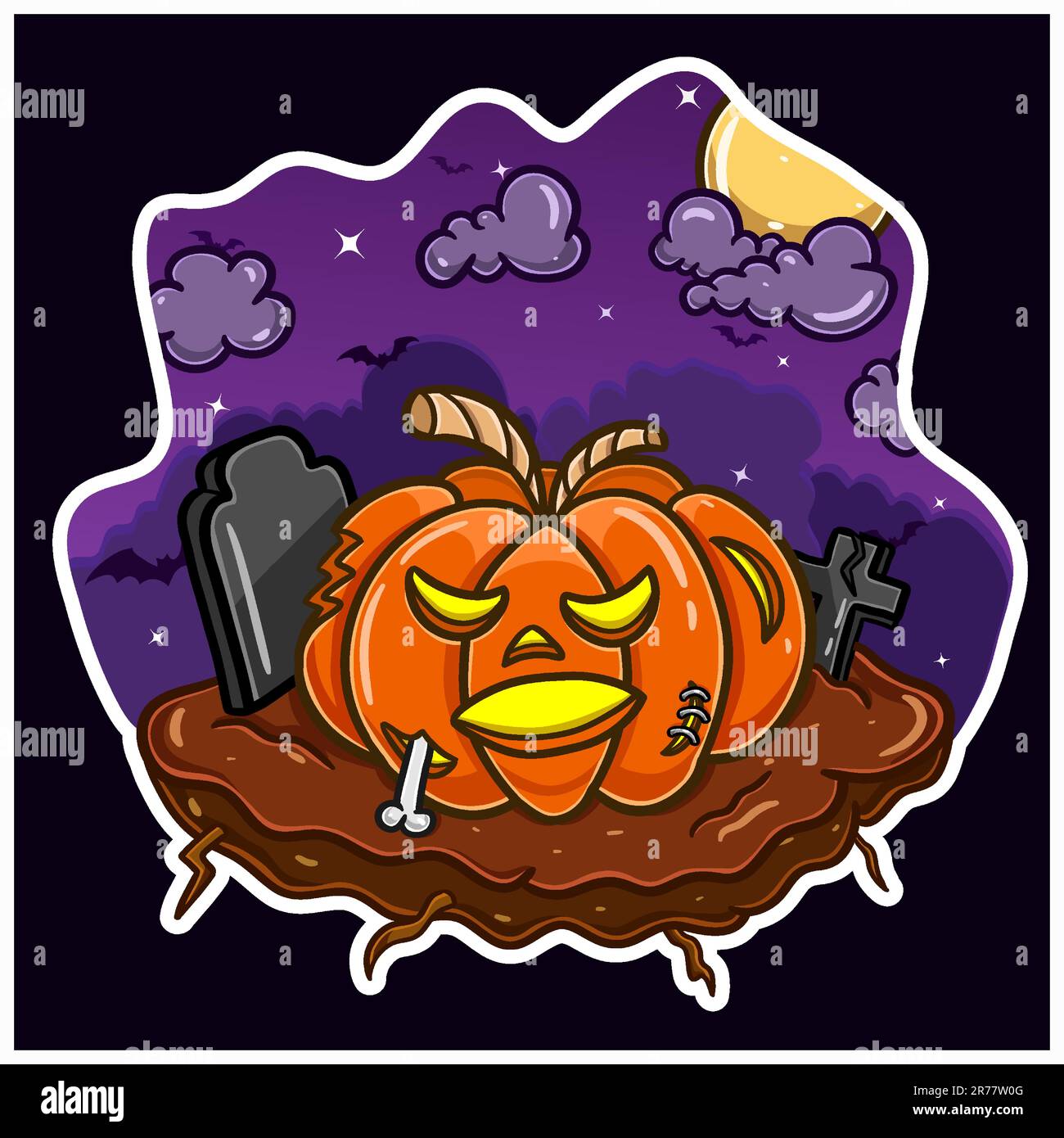 Caricature mascotte de Halloween Pumkin dans la nuit de cimetière. Vecteur et illustration. Illustration de Vecteur