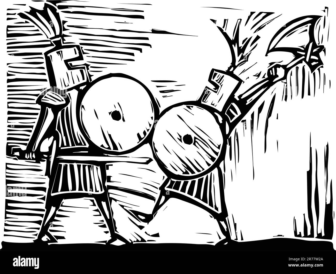Deux chevaliers avec des épées, des haches et des boucliers combattre. Illustration de Vecteur