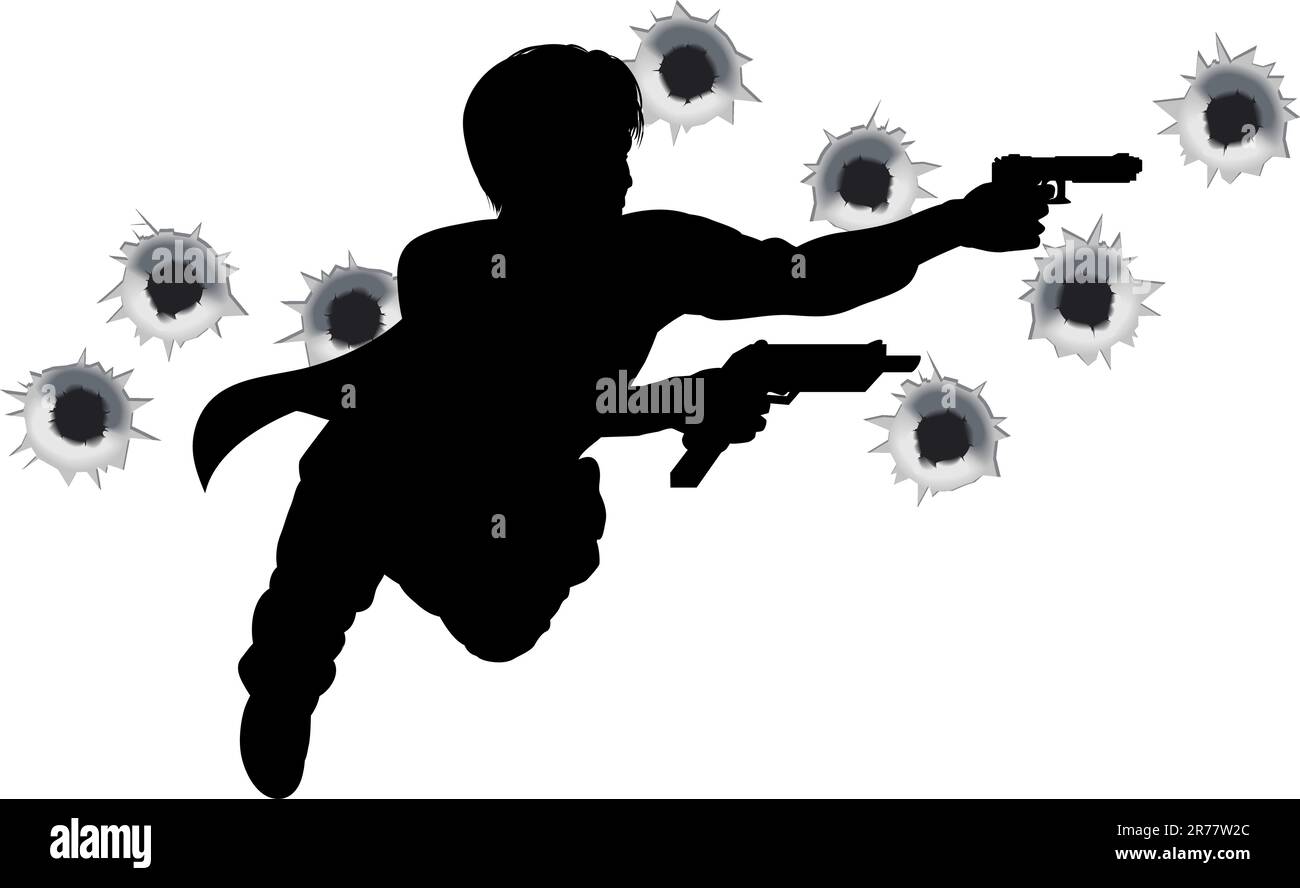Action hero sautant à travers l'air et en film pistolet style lutte séquence d'actions. Avec trous de balle. Illustration de Vecteur