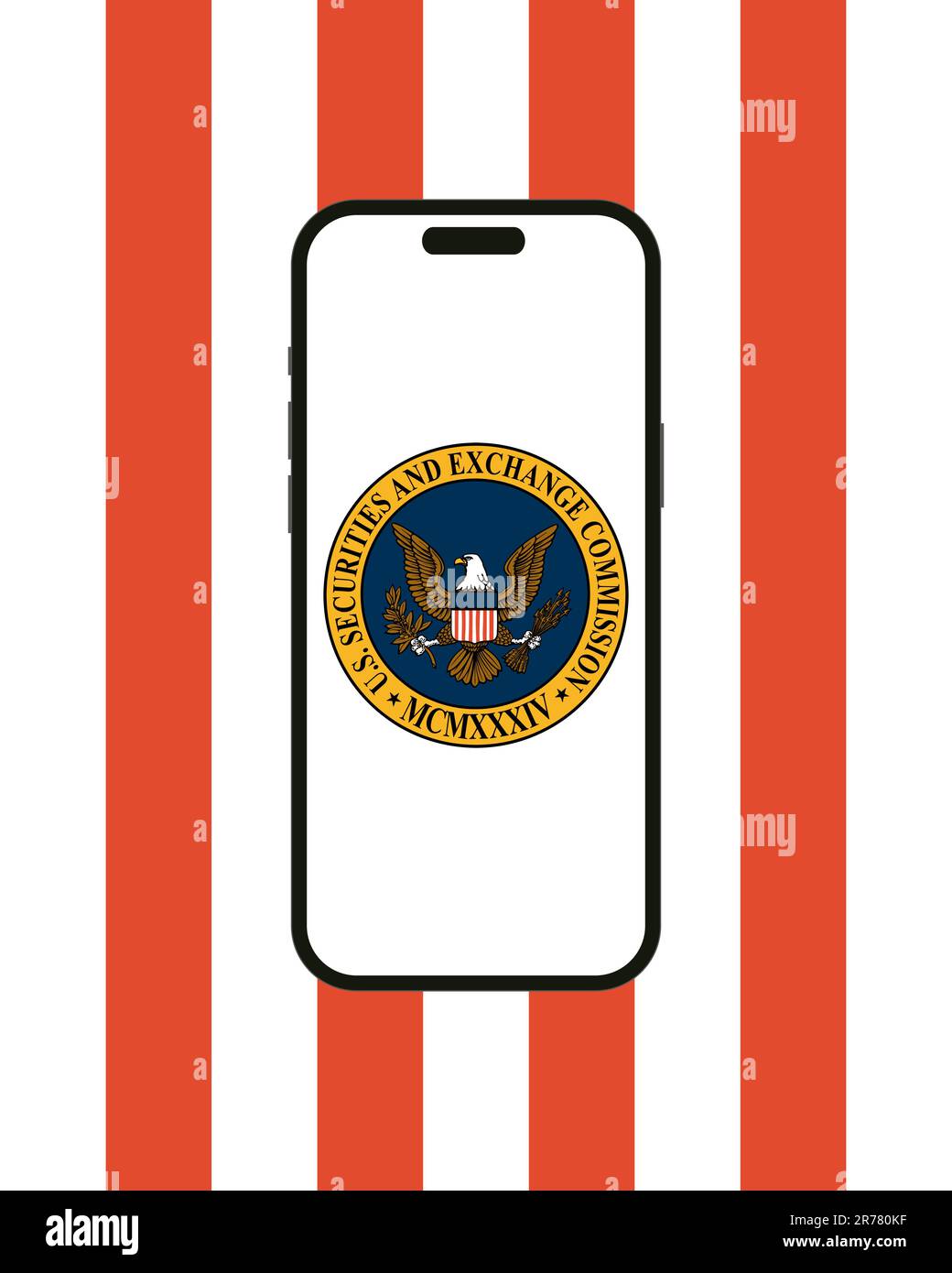 Kiev, Ukraine - 07 juin 2023 : États-Unis Le logo Securities and Exchange Commission est affiché sur un smartphone moderne iPhone 14 sur fond de rouge an Illustration de Vecteur