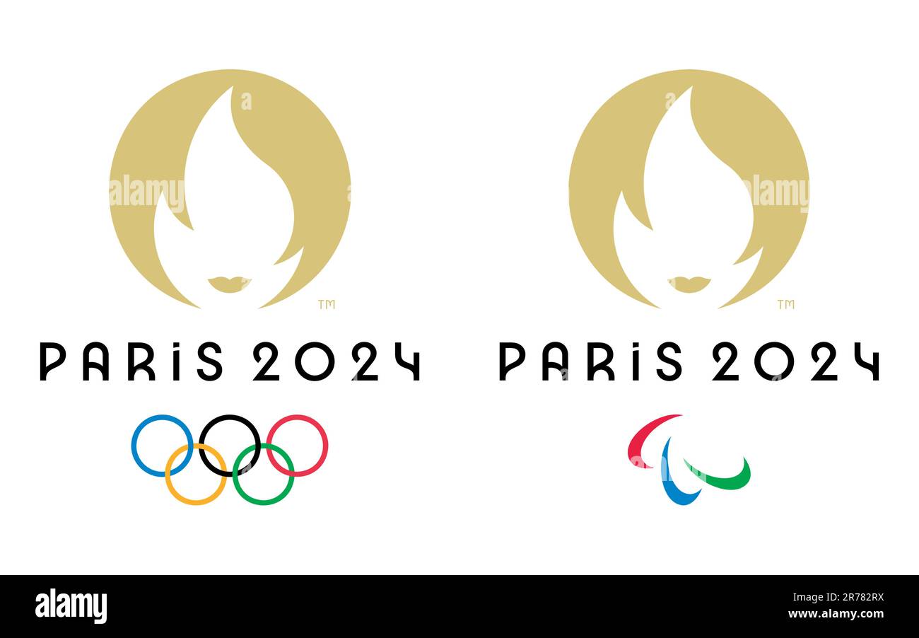 Kiev, Ukraine - 07 juin 2023 : logos officiels des Jeux olympiques et paralympiques d'été de 2024 à Paris, France, de 26 juillet à 11 août. Bannière avec f Illustration de Vecteur