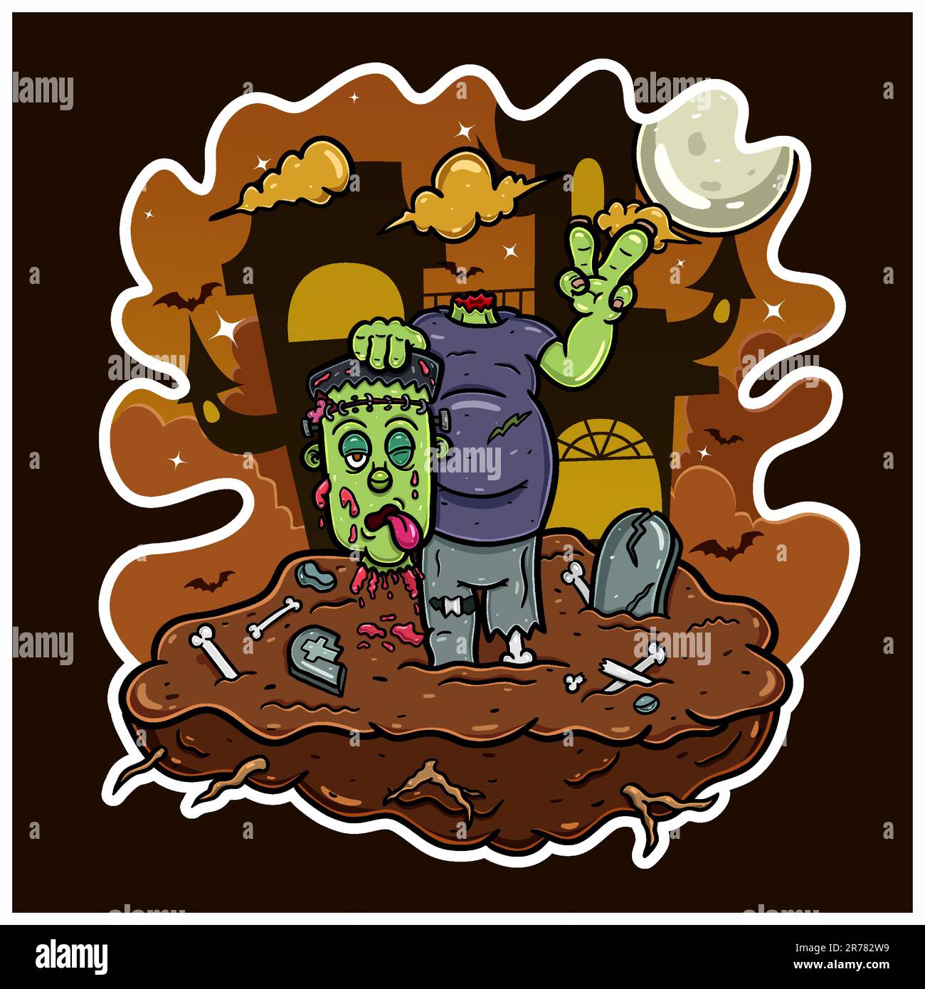 Mascotte de dessin animé de Halloween Frankenstein la nuit. Vecteur et illustration. Illustration de Vecteur