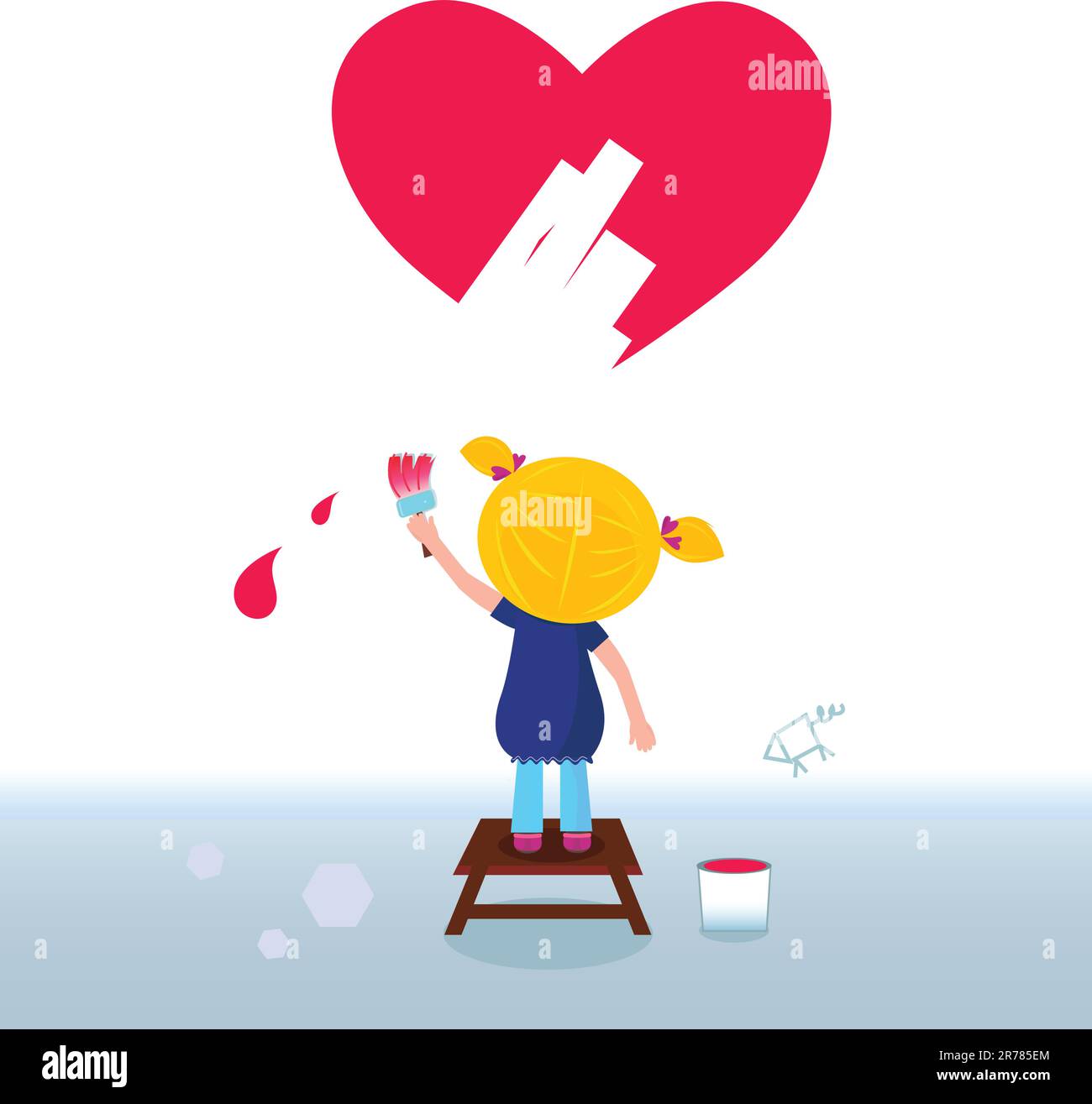 Illustration vectorielle d'une fille blonde peignant cœur rouge avec pinceau. Illustration de Vecteur