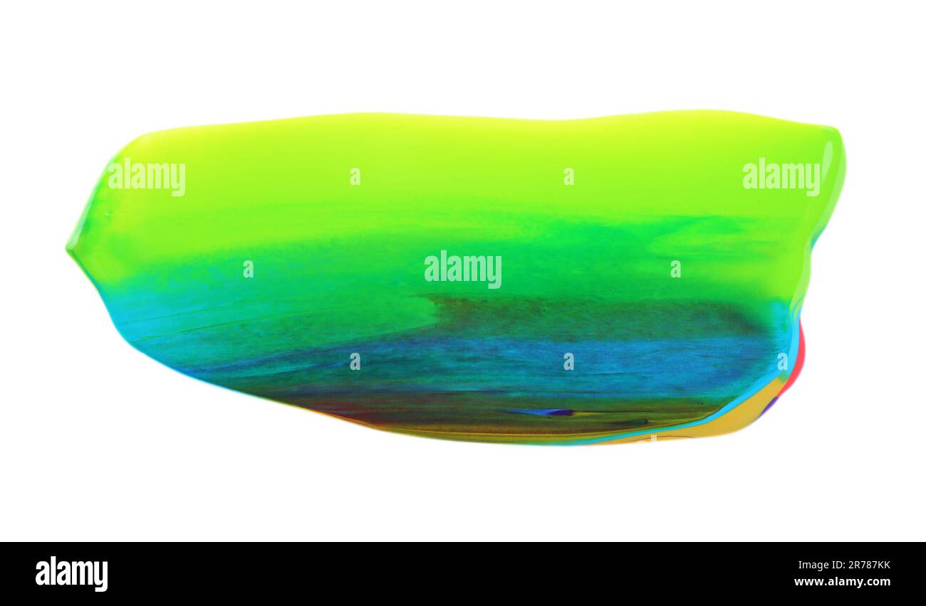 Échantillons de peinture au caméléon vert, bleu clair, rouge et jaune sur fond blanc, vue de dessus Banque D'Images