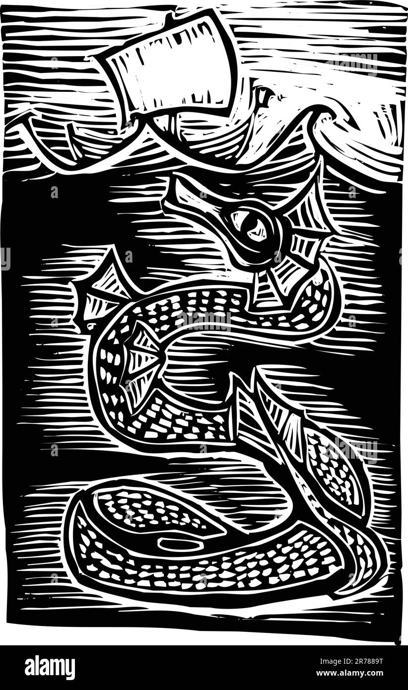 Serpent de mer sous un voile sur l'océan. Illustration de Vecteur