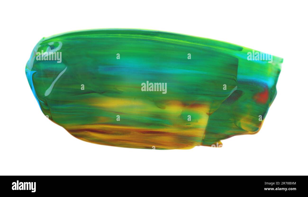 Échantillons de peinture au caméléon vert, bleu clair, rouge et jaune sur fond blanc, vue de dessus Banque D'Images