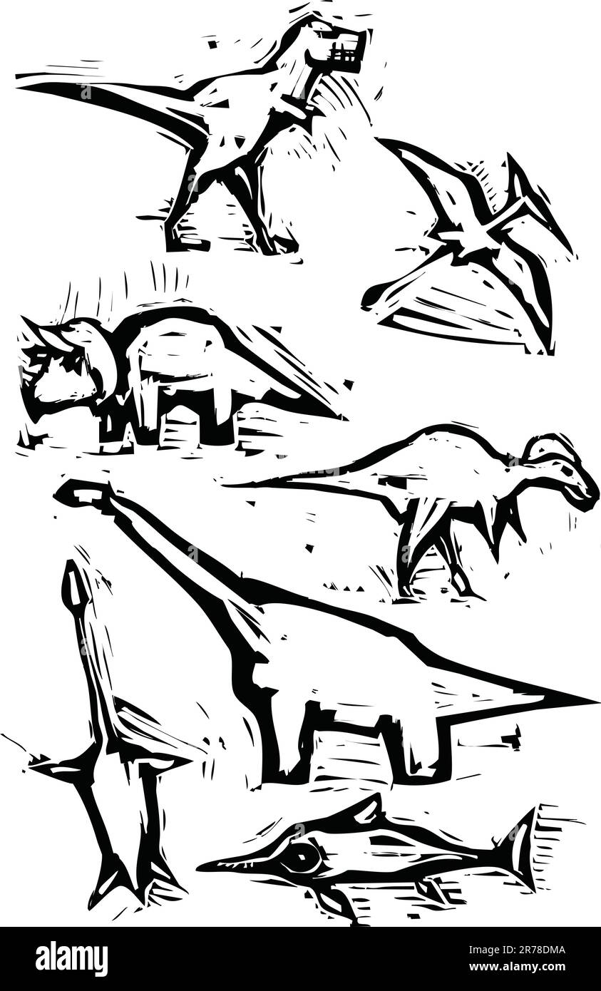 Style simple gravure sur bois bruts les représentations de dinosaures. Illustration de Vecteur Style simple gravure sur bois bruts les représentations de dinosaures. Illustration de Vecteur