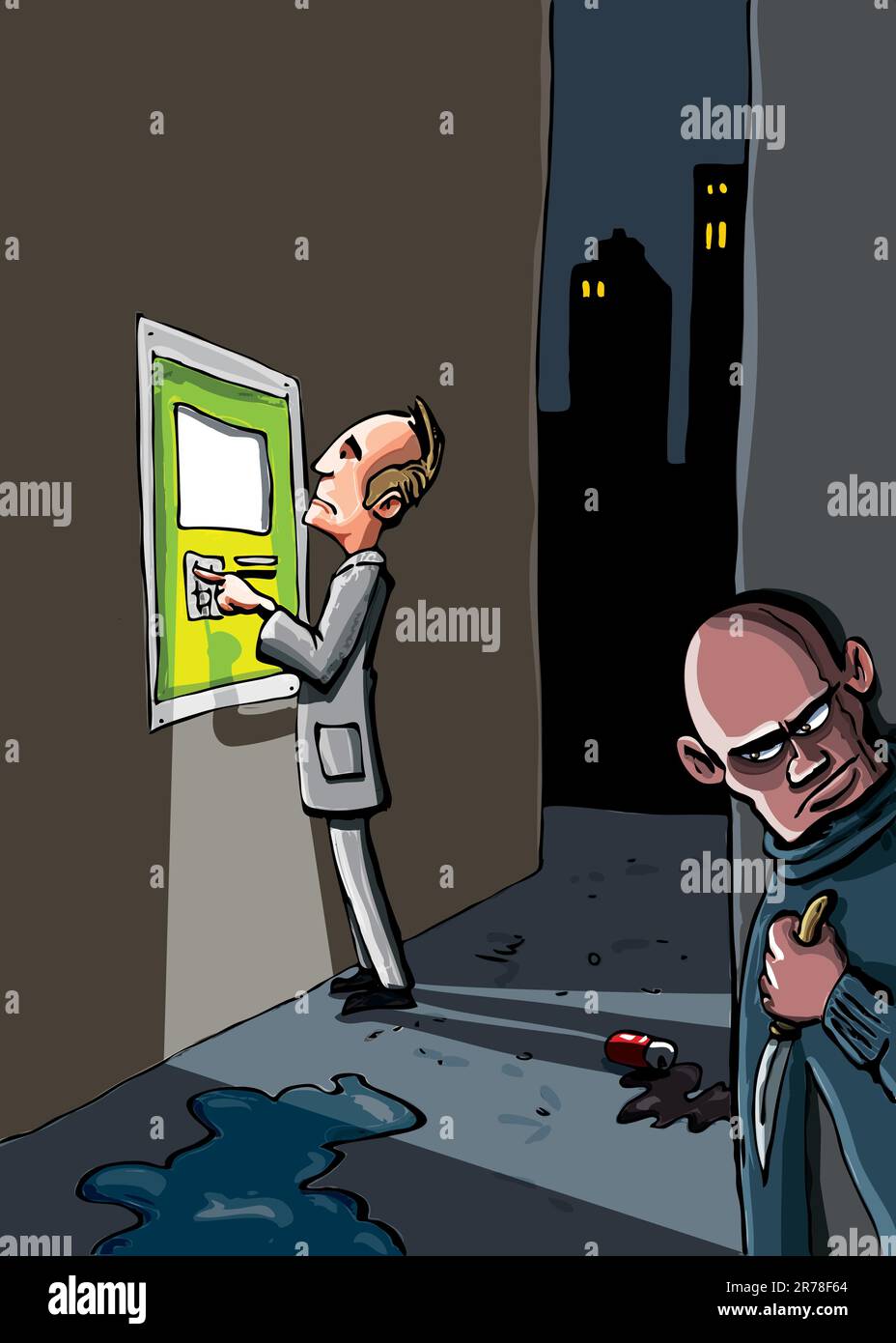 Caricature d'un crime sur le point de se produire. Un homme à un guichet automatique est surveillé par un criminel avec un couteau Illustration de Vecteur