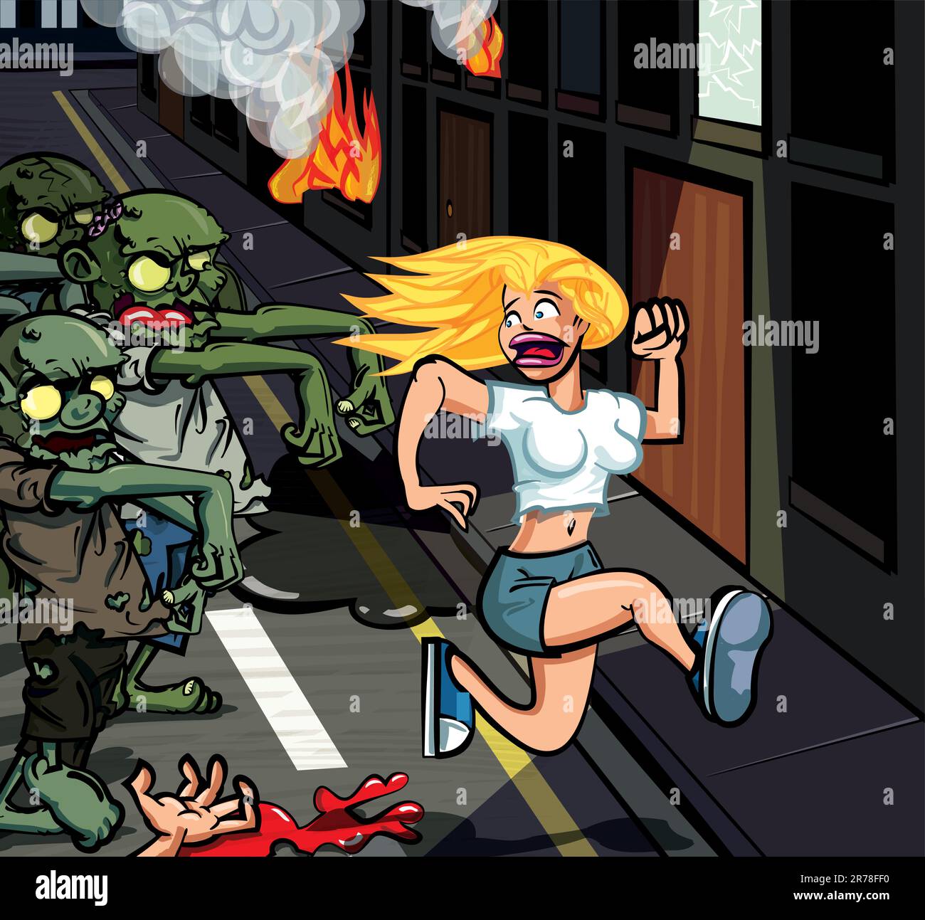 Cartoon Zombies pourchassant une jeune femme terrifiée à travers une rue avec des maisons sur le feu Illustration de Vecteur