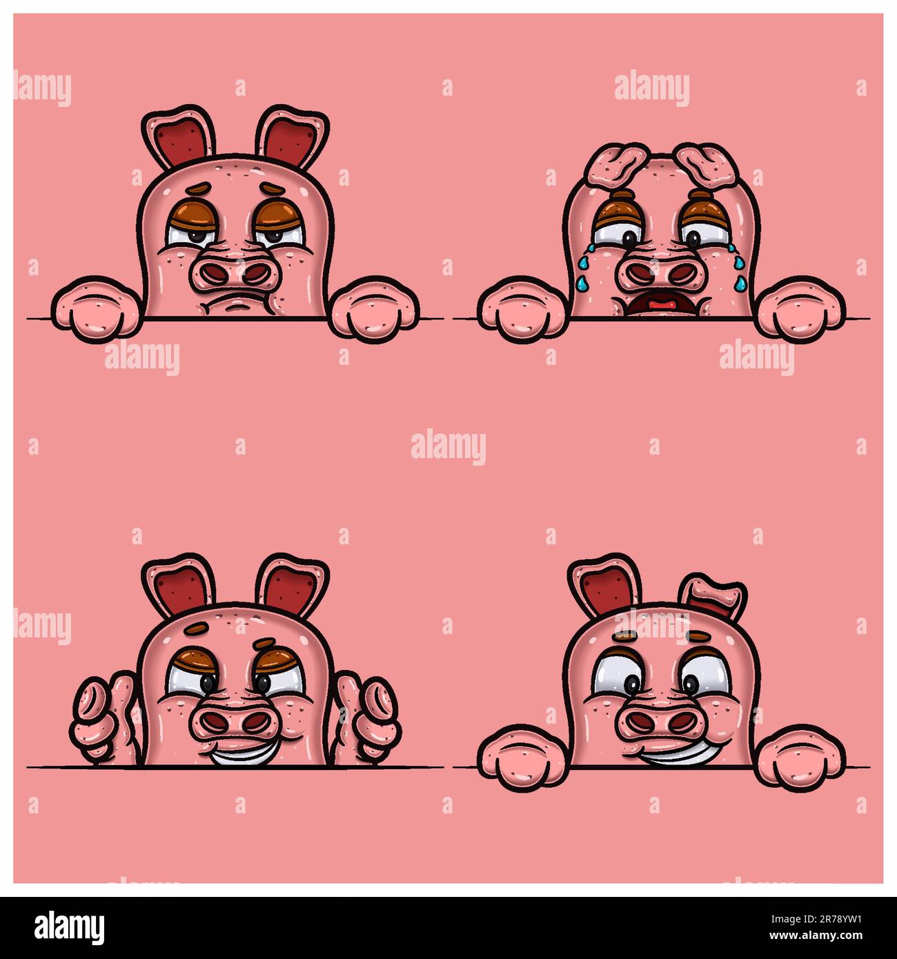 Ensemble de dessins animés de visage de porc d'expression. S'ennuyer, pleurer, sourire et expression de visage heureux. Avec gradient simple. Vecteur et illustration. Illustration de Vecteur