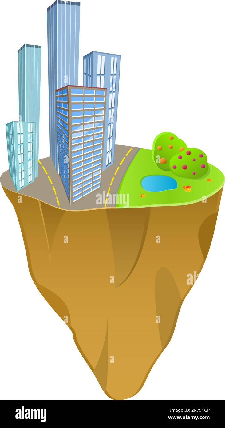 Concept de bâtiments et de nature sur une mini-planète. Icône isolée sur fond blanc Illustration de Vecteur