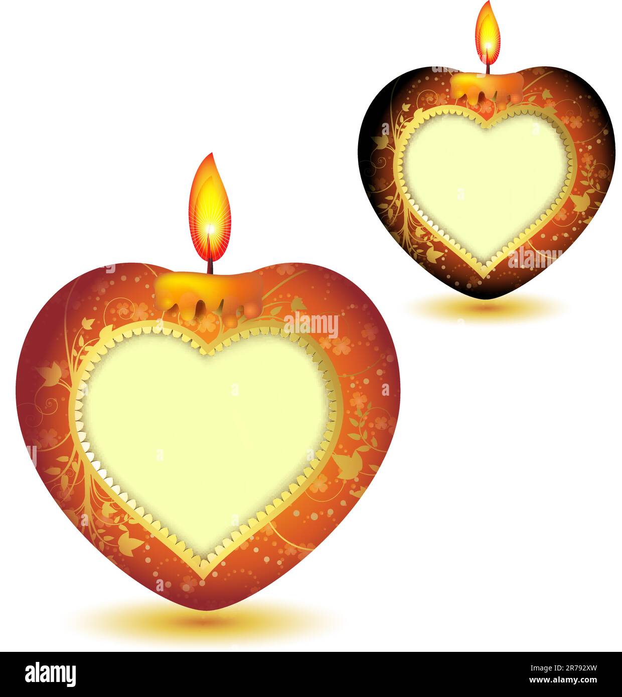Deux élégantes bougies rouges en forme de coeur, décorations dorées et espace pour le texte de la Saint-Valentin Illustration de Vecteur