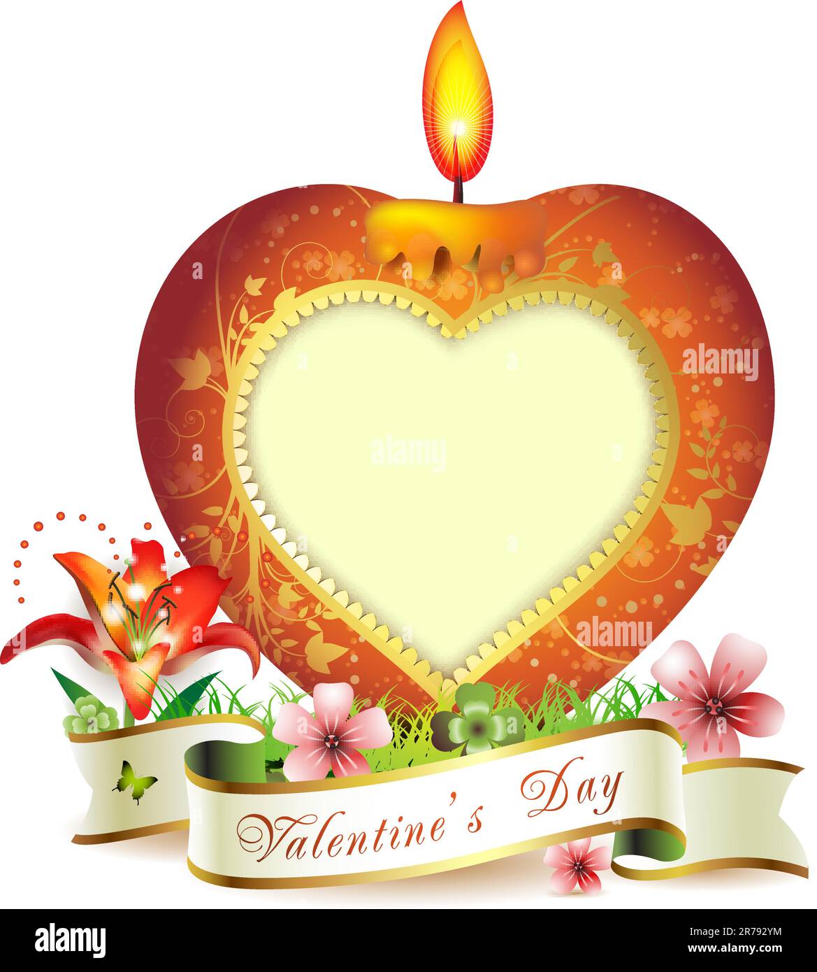 Bougie élégante rouge en forme de coeur, décorations dorées, fleurs, ruban et espace pour texte isolé sur blanc, pour la Saint-Valentin Illustration de Vecteur
