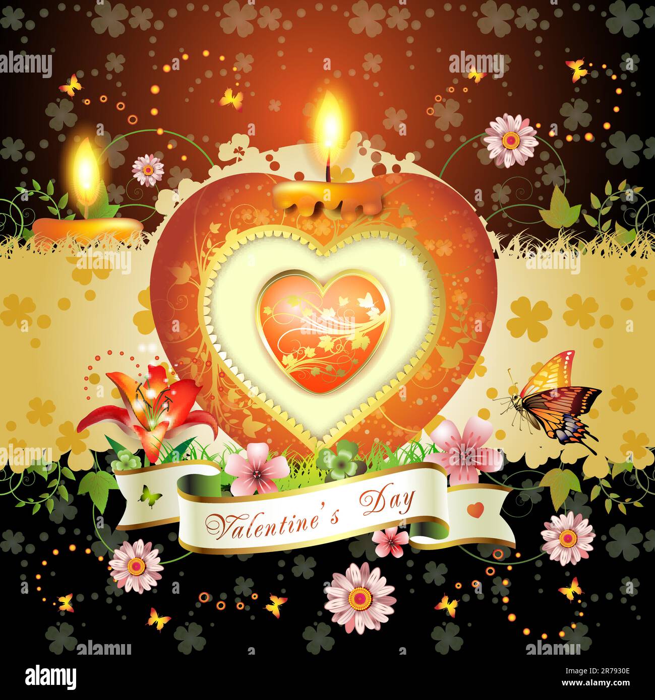 Carte de Saint-Valentin. Bougie élégante rouge en forme de coeur, décorations dorées, fleurs et ruban Illustration de Vecteur
