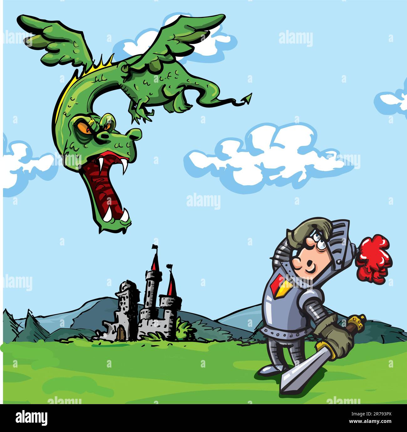 Chevalier de dessin animé attaqué par un dragon. Un château est au loin Illustration de Vecteur